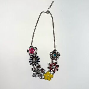 Multi-Flower Enamel & Metal Silvertone Costume Statement Necklace 18” to 20”